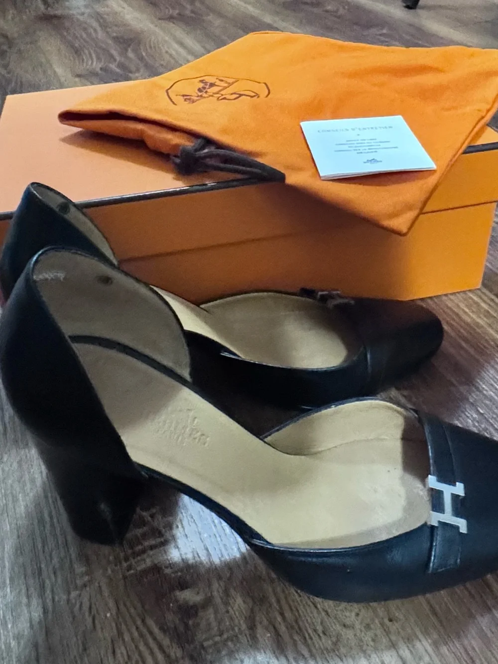 Hermes Black D'Orsay Pumps with Silver H Accent